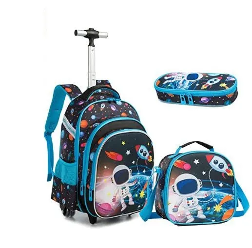 16-inch, 3-piece Cartoon Print Kids Rolling Schoolbag Set with Lunch Bag