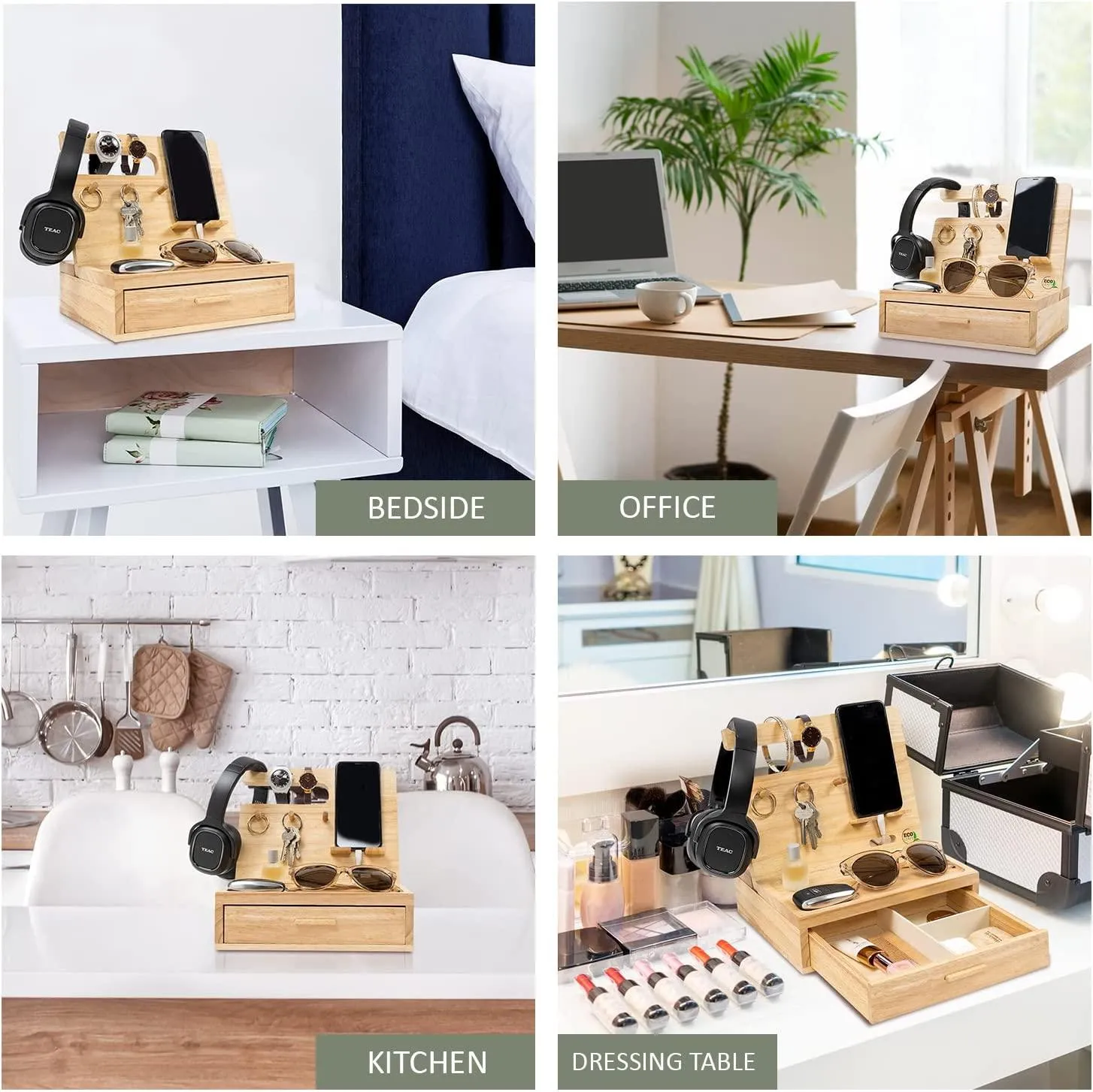 Dad Gifts - Wood Phone Docking Station- Birthday Gifts for Men- Bedside Table Organiser, Charging Station for Mobile Phone, Sunglasses, Wallet, Watch, Keys by EcoLeafy, Australian Owned