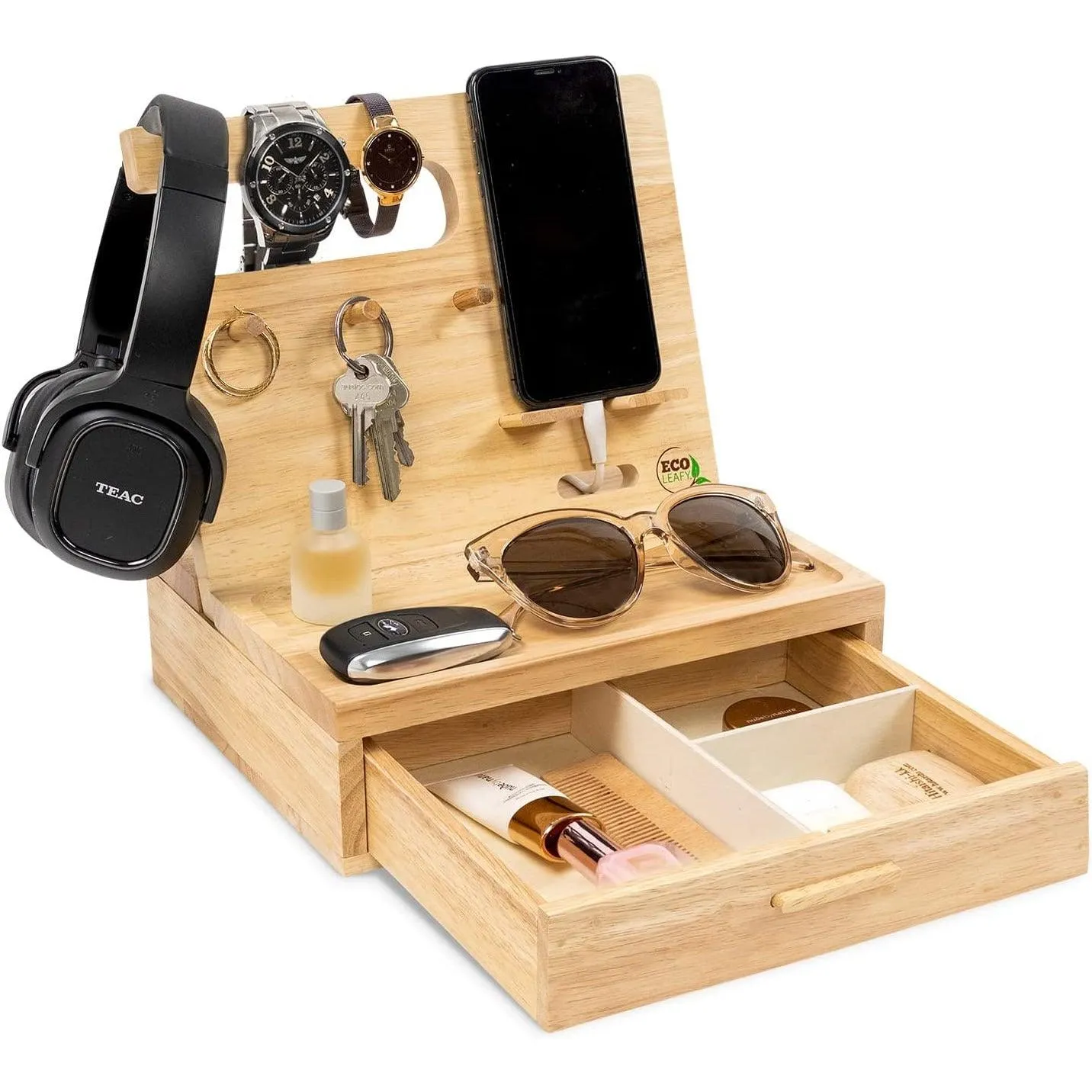 Dad Gifts - Wood Phone Docking Station- Birthday Gifts for Men- Bedside Table Organiser, Charging Station for Mobile Phone, Sunglasses, Wallet, Watch, Keys by EcoLeafy, Australian Owned