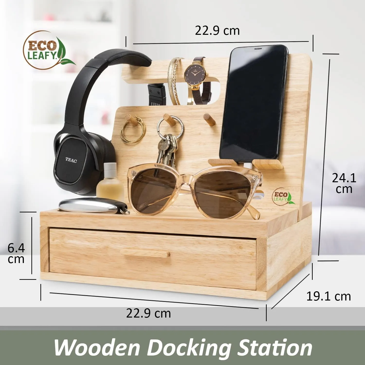 Dad Gifts - Wood Phone Docking Station- Birthday Gifts for Men- Bedside Table Organiser, Charging Station for Mobile Phone, Sunglasses, Wallet, Watch, Keys by EcoLeafy, Australian Owned