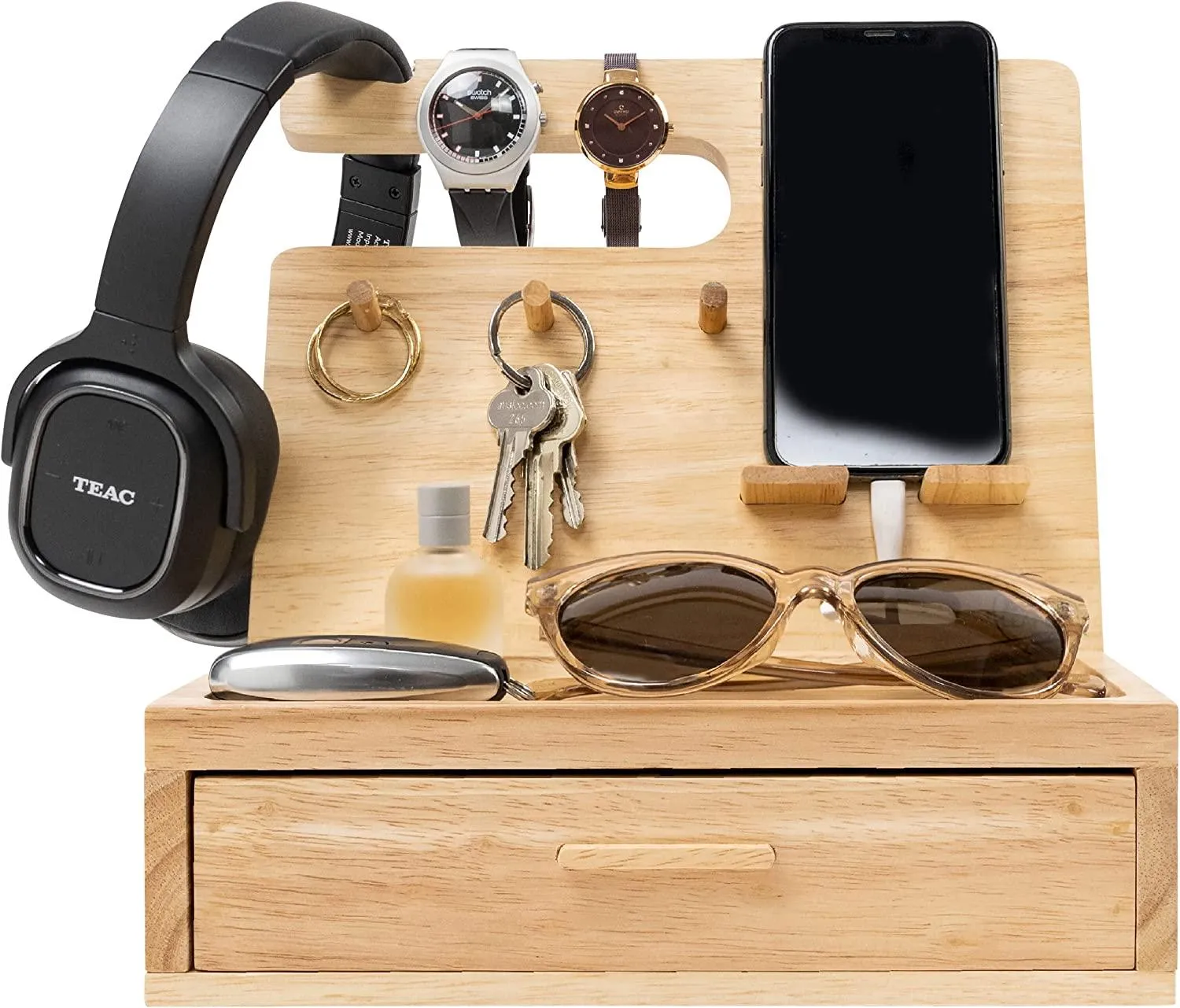 Dad Gifts - Wood Phone Docking Station- Birthday Gifts for Men- Bedside Table Organiser, Charging Station for Mobile Phone, Sunglasses, Wallet, Watch, Keys by EcoLeafy, Australian Owned