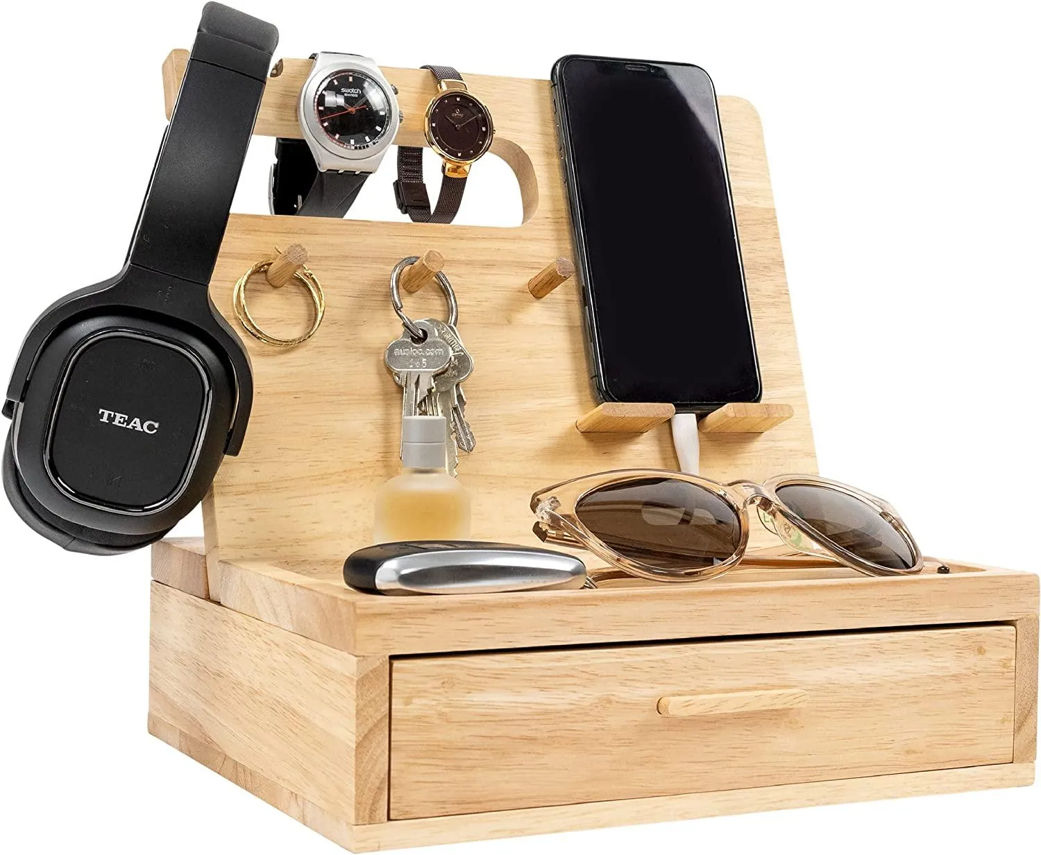 Dad Gifts - Wood Phone Docking Station- Birthday Gifts for Men- Bedside Table Organiser, Charging Station for Mobile Phone, Sunglasses, Wallet, Watch, Keys by EcoLeafy, Australian Owned