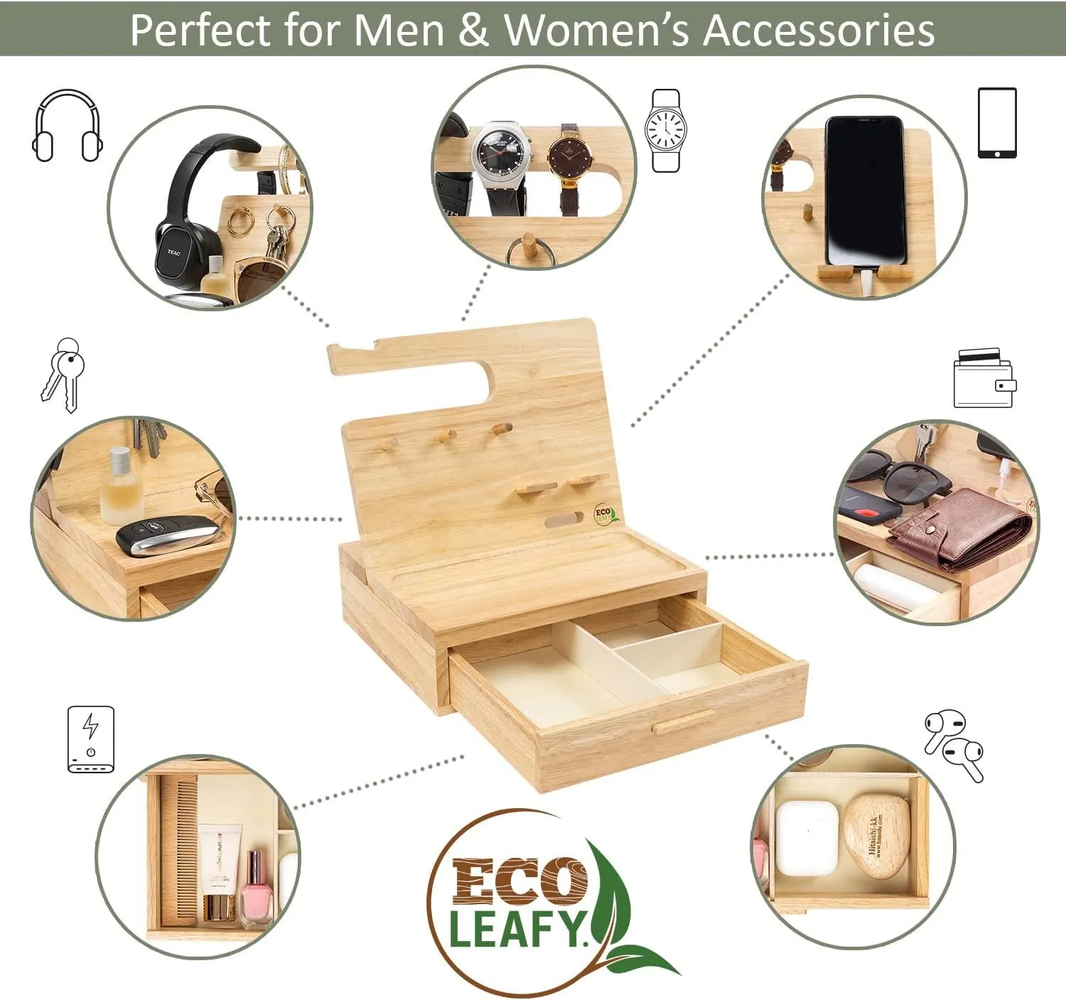 Dad Gifts - Wood Phone Docking Station- Birthday Gifts for Men- Bedside Table Organiser, Charging Station for Mobile Phone, Sunglasses, Wallet, Watch, Keys by EcoLeafy, Australian Owned