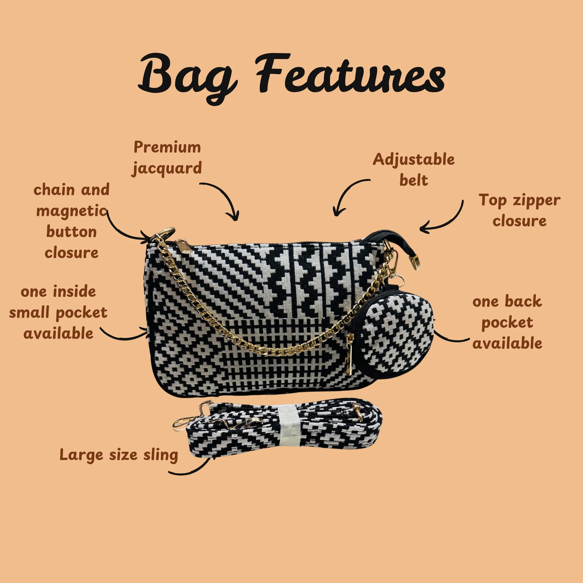 DURABLE BLACK And White Baguette BAG - F3