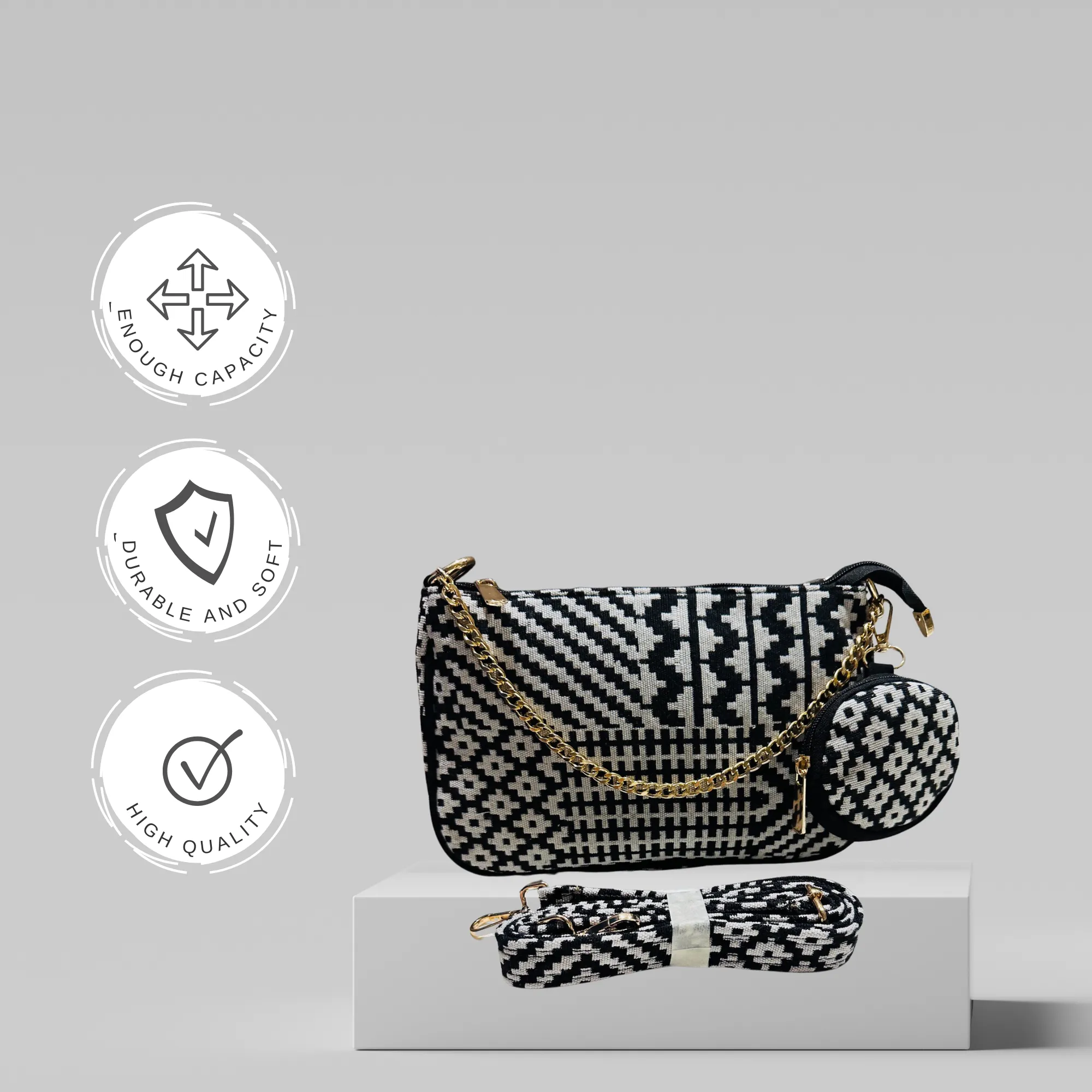 DURABLE BLACK And White Baguette BAG - F3