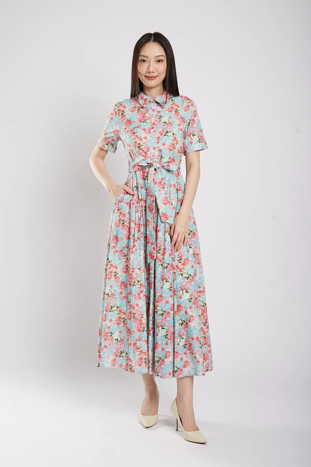 Erinn Collar Maxi Printed Dress in Green Floral