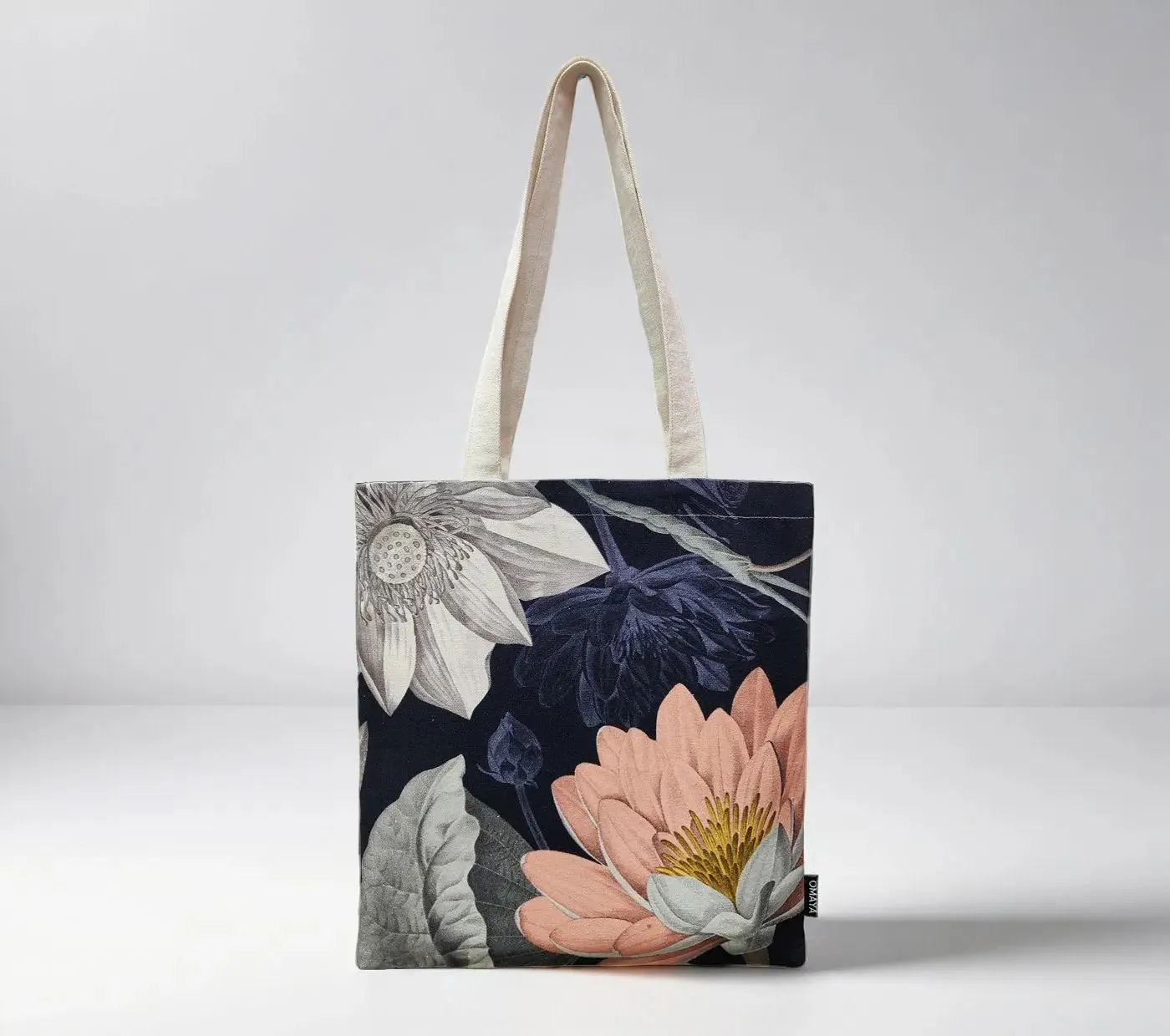 House of Omaya Printed Floral Design Cotton Canvas Tote Bag (Size 34x36 Cms.)