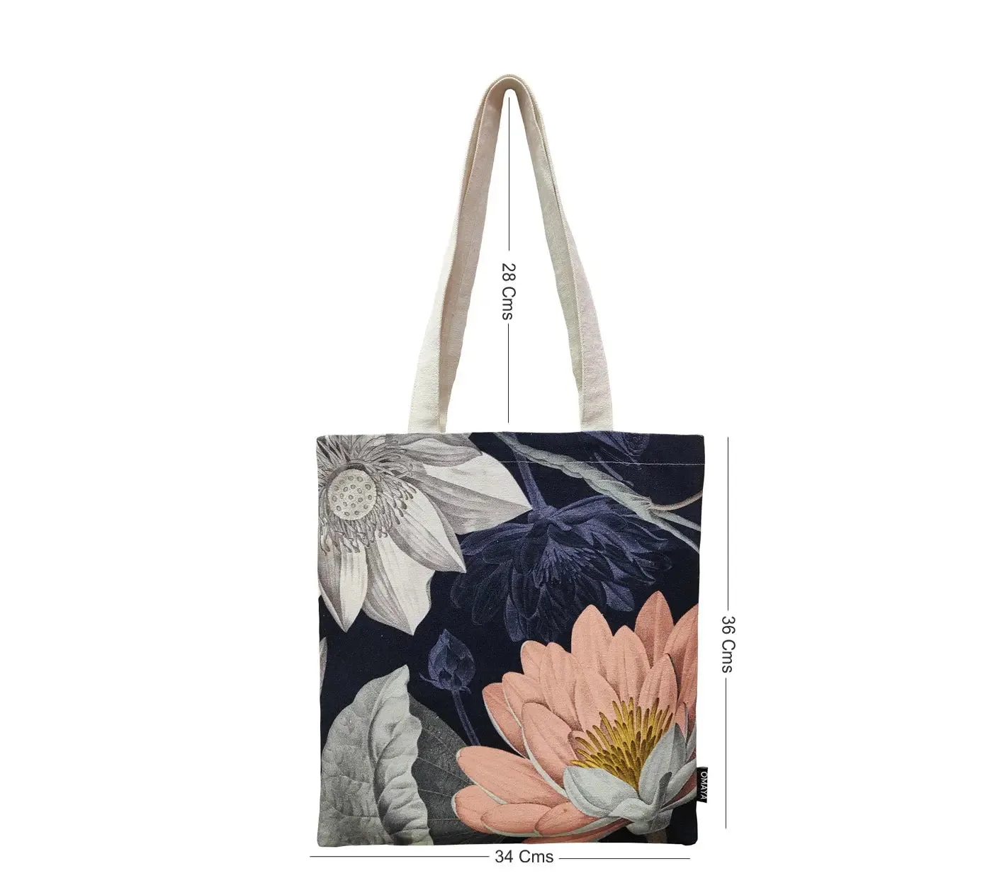 House of Omaya Printed Floral Design Cotton Canvas Tote Bag (Size 34x36 Cms.)