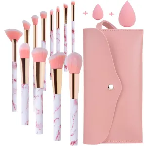 Marble-12pcs Makeup Brush Sets with Makeup Sponge and Cosmetic Bag