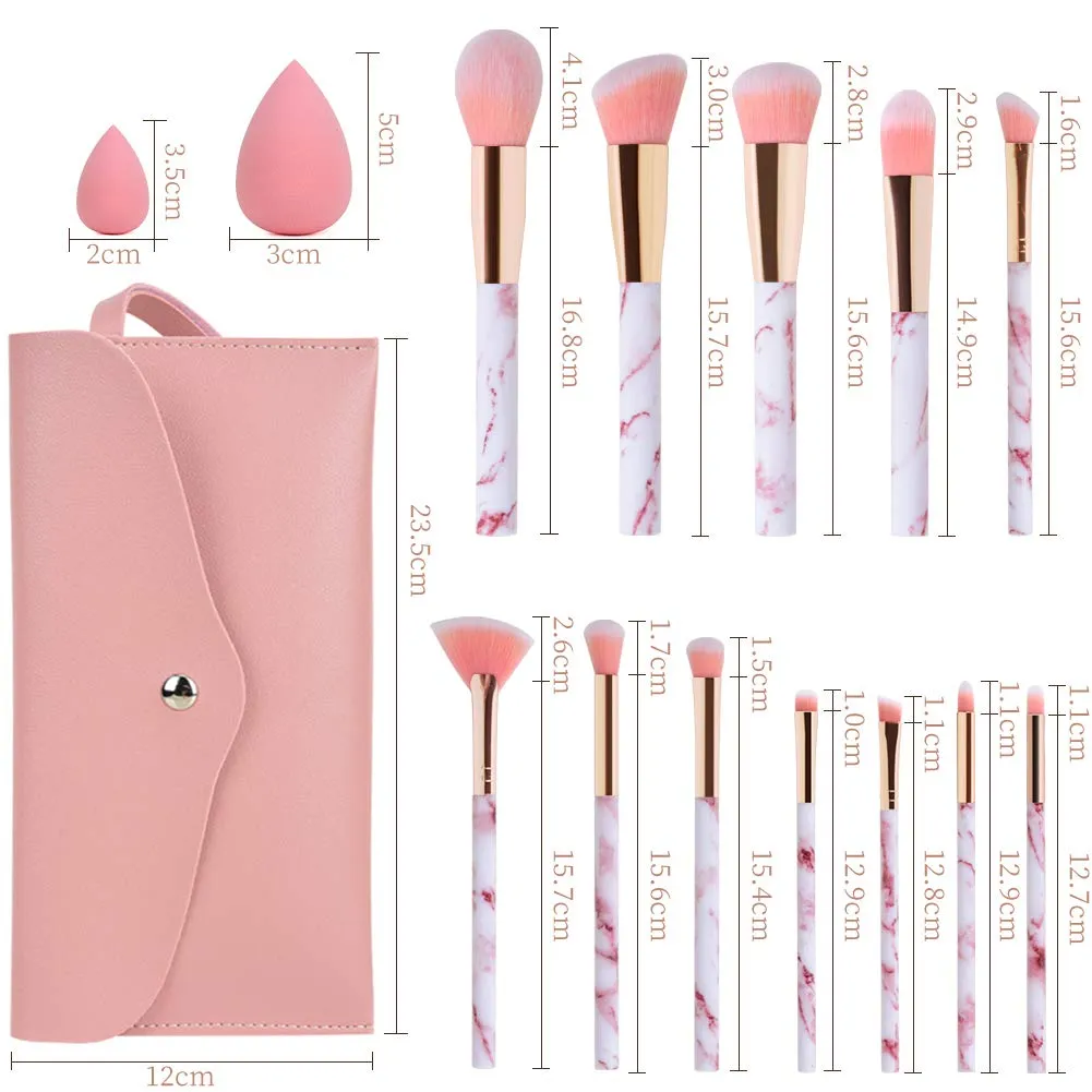 Marble-12pcs Makeup Brush Sets with Makeup Sponge and Cosmetic Bag