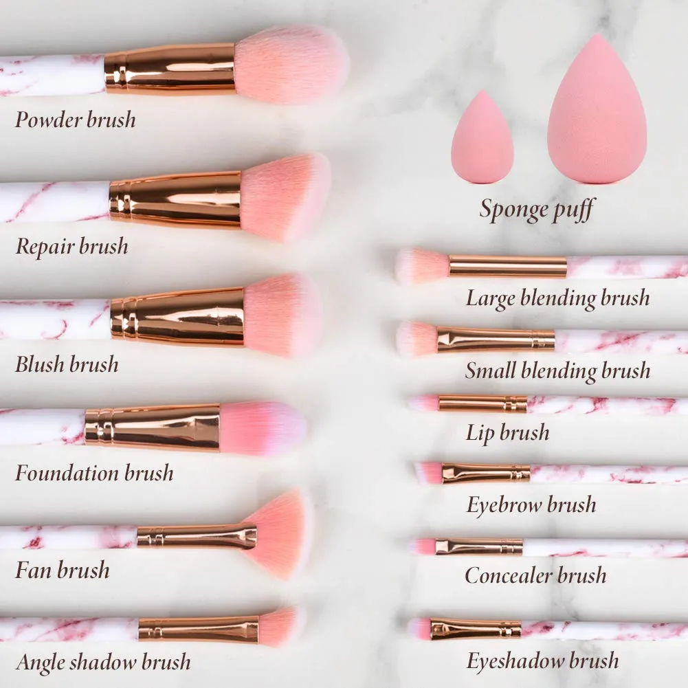 Marble-12pcs Makeup Brush Sets with Makeup Sponge and Cosmetic Bag