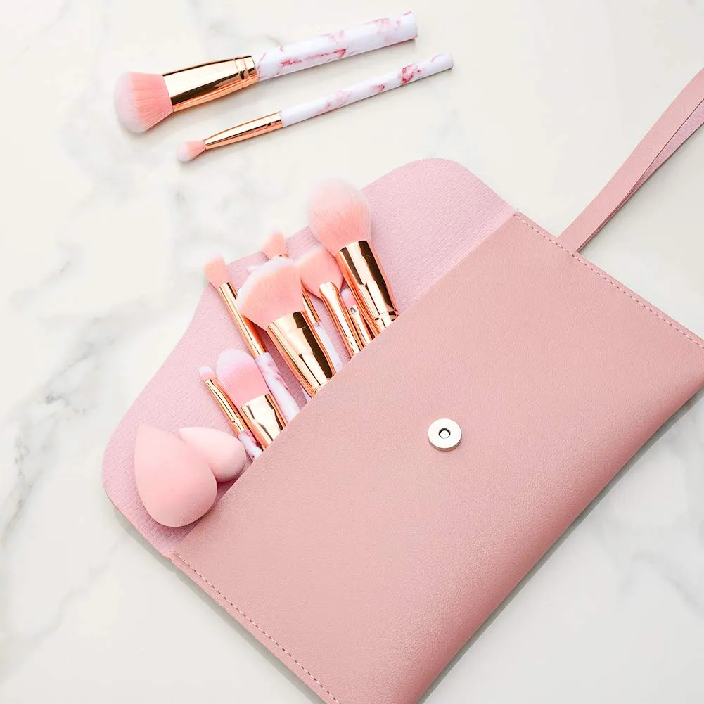Marble-12pcs Makeup Brush Sets with Makeup Sponge and Cosmetic Bag