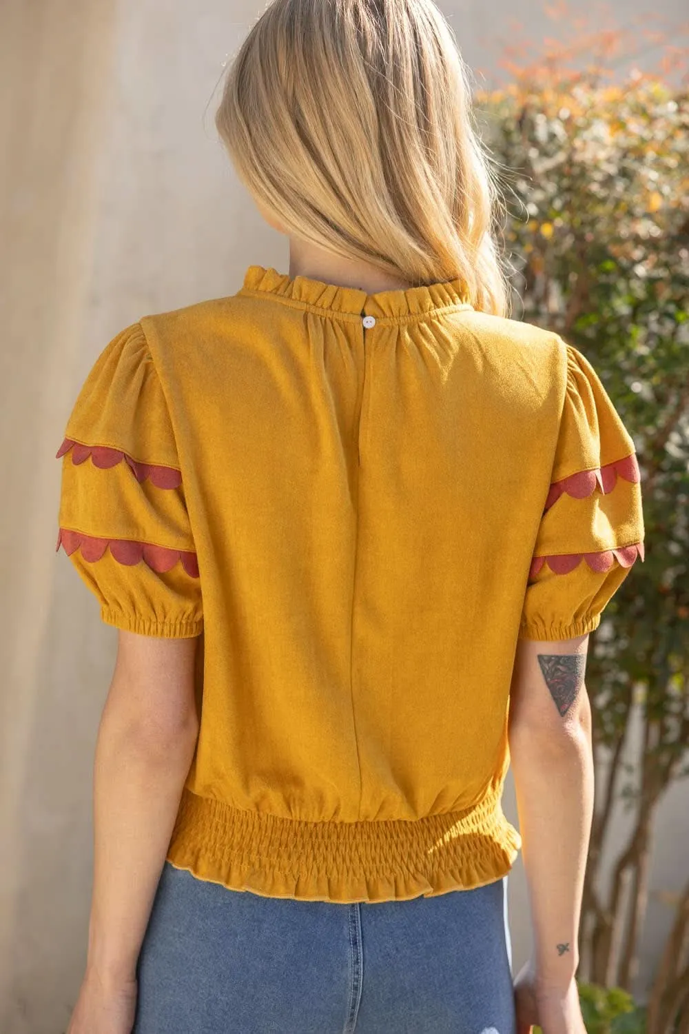 Mustard Scalloped and Smocked Suede Ruffle Top