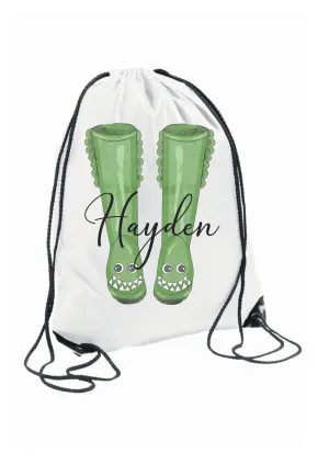 PERSONALISED: your name DINOSAUR dino wellies bag welly boots outdoor shoes wet shoes school gym pe nursery bag