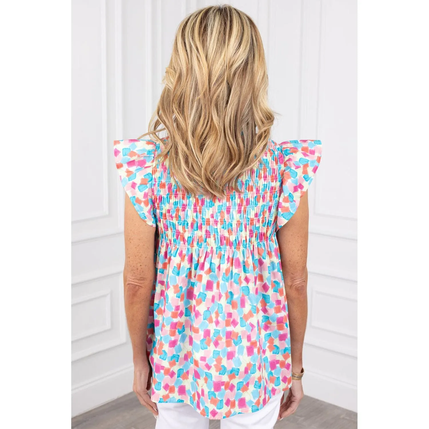 Skies Are Blue Ruffled Abstract Printed Blouse