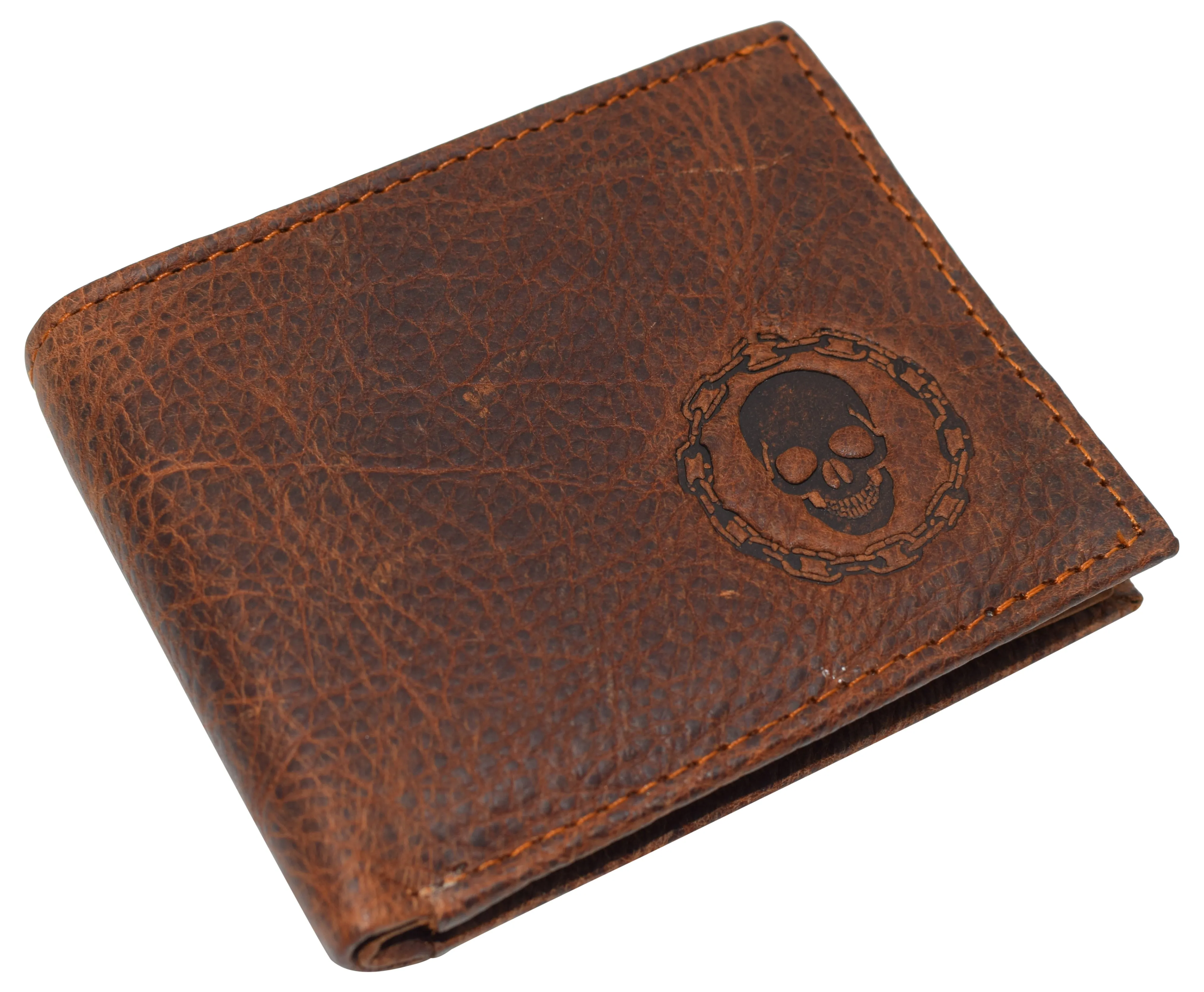 Skull Chain RFID Blocking Real Leather Bifold Classic Wallet for Men