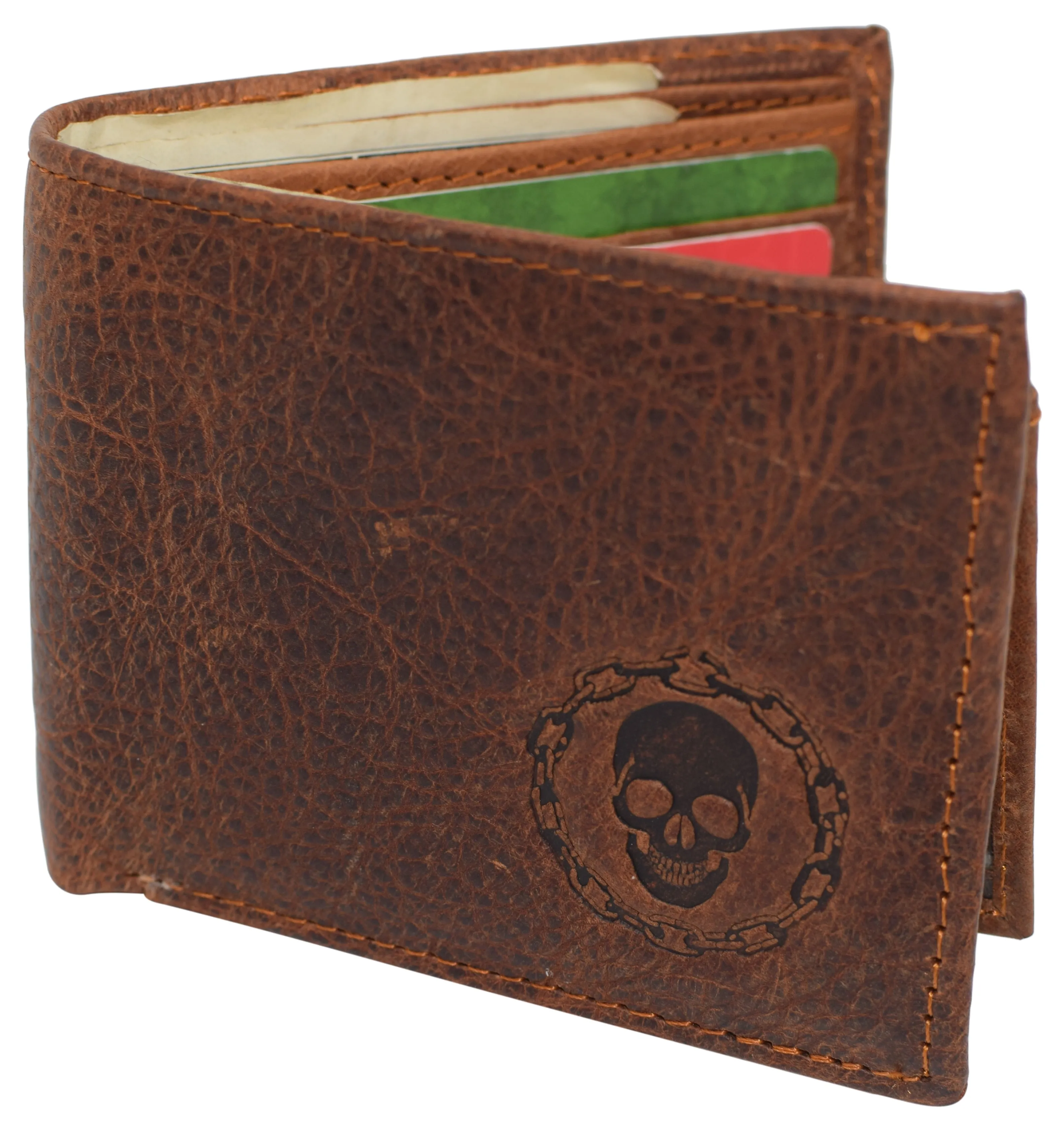 Skull Chain RFID Blocking Real Leather Bifold Classic Wallet for Men