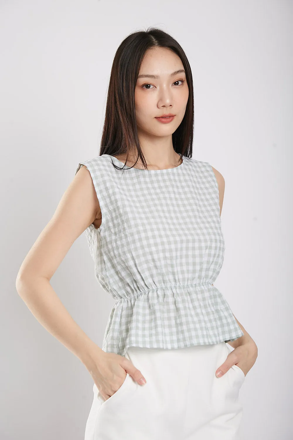 Sleeveless Gingham Cotton Top in Sage