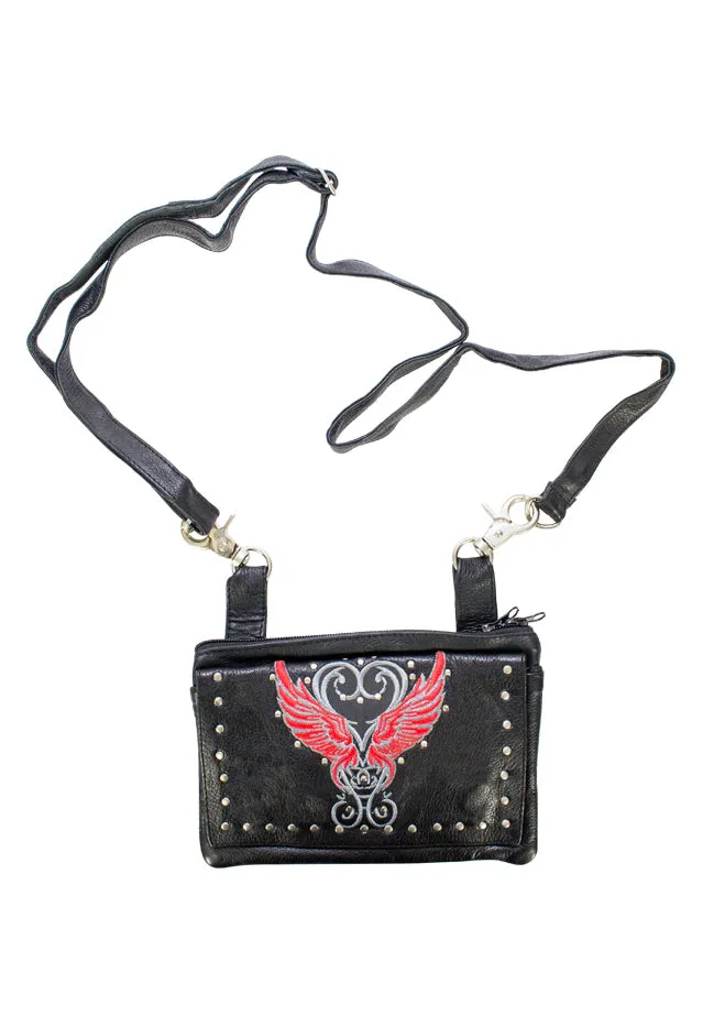 Studded Naked Cowhide Leather Belt Bag with Red Wings