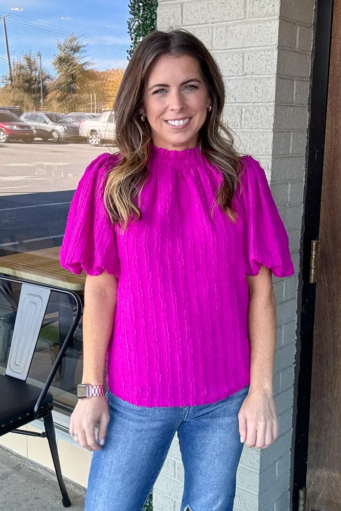 THML-Puff Sleeve Textured Top-Fuchsia