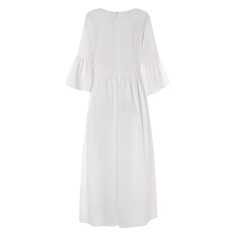 VenusFox Bohemian Vintage Print Sexy V Neck Ruffle Maxi Dress