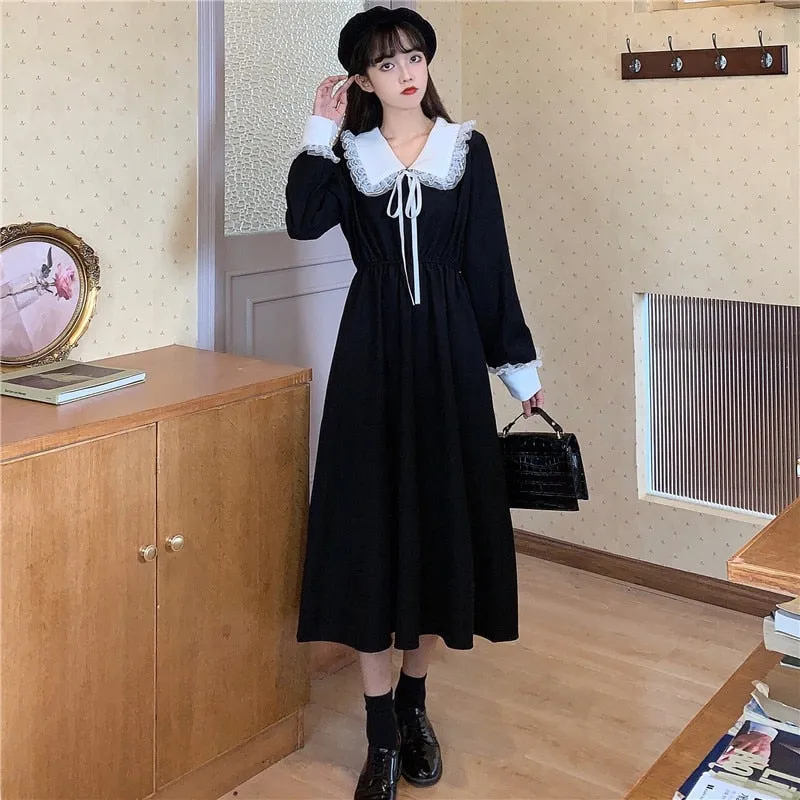 VenusFox Vintage Dress Women Sweet Lace Peter Pan Collar French Elegant Long Sleeve Lace-Up Fairy One Piece Dress 2021
