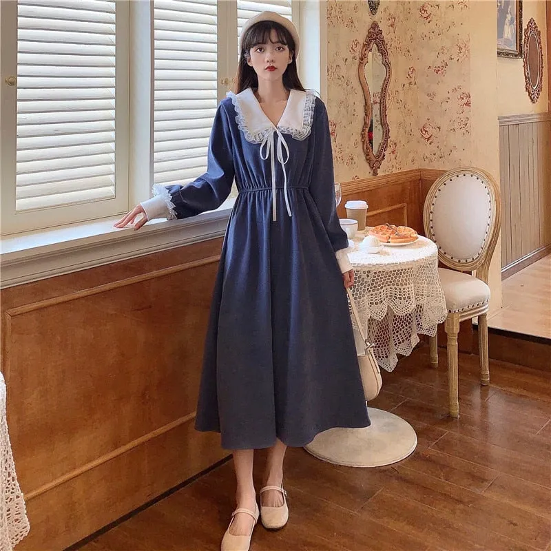 VenusFox Vintage Dress Women Sweet Lace Peter Pan Collar French Elegant Long Sleeve Lace-Up Fairy One Piece Dress 2021