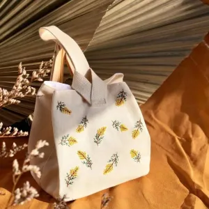 Yellow Mimosa Flower Embroidered Lunch Bag / Small Canvas Bag