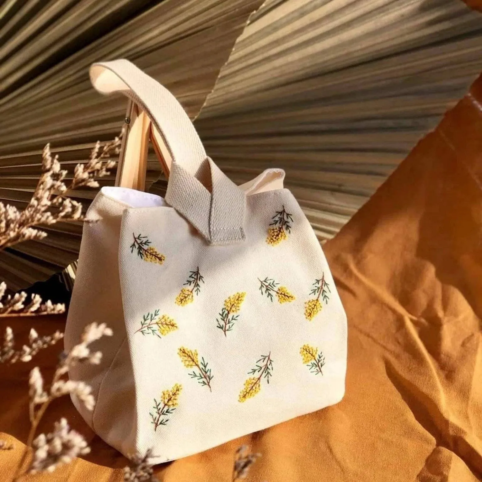 Yellow Mimosa Flower Embroidered Lunch Bag / Small Canvas Bag